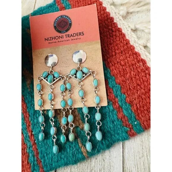 Handcrafted Turquoise & Sterling Silver Chandelier Dangle Earrings